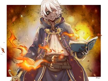 Rule 34 | 1boy, alternate costume, book, commentary request, cosplay, eyepatch, fire, fire emblem, fire emblem fates, gloves, highres, holding, holding book, holding sword, holding weapon, jiuganganmaya, looking at viewer, male focus, male robin (fire emblem), male robin (fire emblem) (cosplay), niles (fire emblem), nintendo, solo, sword, upper body, weapon