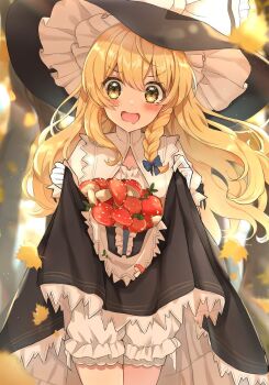1girl apron black_dress blonde_hair bloomers blue_ribbon braid clothes_lift commentary cowboy_shot curiosities_of_lotus_asia dress fly_agaric gloves hat highres kirisame_marisa leaf long_hair mushroom open_mouth ribbon skirt skirt_lift solo standing touhou underwear wheat_retzel white_apron white_bloomers white_gloves white_ribbon witch_hat yellow_eyes