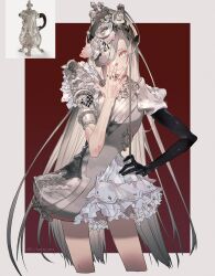 Rule 34 | 1girl, black ribbon, bright pupils, dress, eyelashes, grey dress, grey hair, grin, hair over one eye, highres, leeis cool, long hair, looking at viewer, multicolored nails, original, personification, photo inset, pointy ears, red eyes, reference inset, ribbon, smile, solo, twitter username, very long hair, white pupils