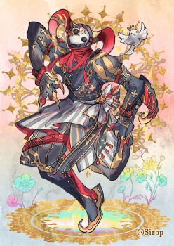 artist_name bird commentary crown flower jester jewelry juliet_sleeves leg_up long_sleeves mask mini_crown original puffy_sleeves simple_background sirop standing standing_on_one_leg symbol-only_commentary