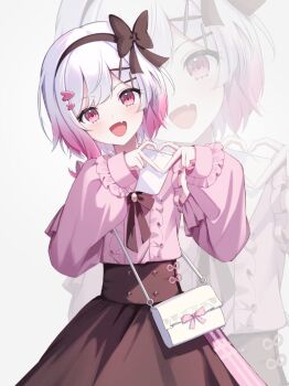 1girl :d bag black_hairband book_off brown_skirt fang four-finger_heart_hands frilled_shirt frills gradient_hair hair_ornament hairband hashtag-only_commentary heart heart_hair_ornament heart_hands looking_at_viewer mahou_shoujo_no_majo_saiban multicolored_hair official_alternate_costume open_mouth pink_eyes pink_hair pink_shirt sakuraba_ema shirt shoulder_bag simple_background skin_fang skirt smile white_background white_bag white_hair yoromimi_yu