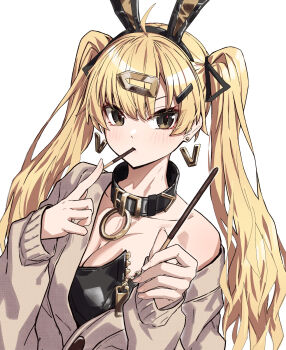 1girl animal_ear_hairband animal_ears black_collar black_gold_bunny_(takanashi_kei) black_leotard blonde_hair breasts brown_cardigan brown_eyes cardigan cleavage collar commentary_request fake_animal_ears food food_in_mouth hair_ornament hairband hairclip highres holding holding_food holding_pocky large_breasts leotard letter_earrings long_hair looking_at_viewer original playboy_bunny pocky pocky_in_mouth rabbit_ear_hairband rabbit_ears simple_background solo strapless strapless_leotard takanashi_kei_(hitsujikan) twintails white_background zipper_leotard