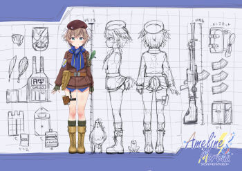 1girl animal_ears beret bird bird_ears bird_tail blonde_hair boots chicken crest familiar family_crest french_text frog green_eyes gun hat highres holster japanese_text light_machine_gun machine_gun military_uniform model_sheet no_pants non-web_source quill reference_sheet scarf sketch socks strike_witches tail thigh_holster virtual_youtuber weapon world_witches_series
