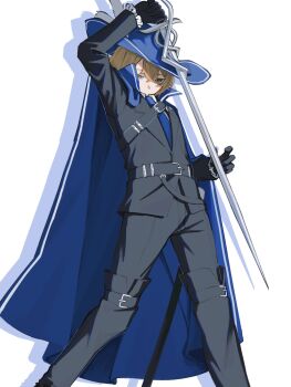 1boy black_coat black_gloves black_pants blonde_hair blue_cape cape closed_mouth coat full_body gloves hat highres holding holding_sword holding_weapon limbus_company male_focus muokakutoku necktie pants project_moon rapier simple_background sinclair_(project_moon) solo sword weapon white_background white_necktie yellow_eyes