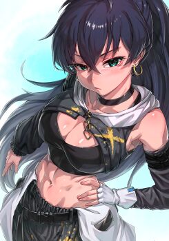 1girl absurdres belt black_belt black_choker black_hair black_pants black_sports_bra breasts choker cleavage closed_mouth commentary cowboy_shot earrings fingerless_gloves from_above ganaha_hibiki gloves green_eyes hand_on_own_hip highres hold111 hoop_earrings idolmaster idolmaster_(classic) jewelry long_hair looking_at_viewer medium_breasts midriff navel pants ponytail solo sports_bra standing white_gloves