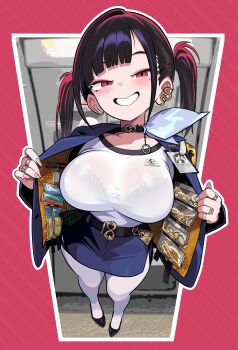 1girl absurdres belt black_belt black_bra black_choker black_hair black_shoes blue_jacket blue_skirt blush bra bra_visible_through_clothes breasts choker clothes_lift collarbone commentary fingernails goddess_of_victory:_nikke grin highres huge_breasts id_card jacket jacket_lift jewelry lifting_own_clothes long_hair long_sleeves looking_at_viewer mole mole_under_eye money multiple_rings nail_polish okra_h open_clothes open_jacket open_mouth pantyhose pink_background pink_eyes pink_nails ring shirt shoes side_slit skirt smile solo sora_(nikke) symbol-only_commentary thighs twintails underwear white_pantyhose white_shirt