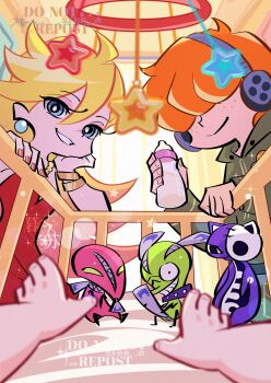 Rule 34 | absurdres, baby, bedroom, blonde hair, blue eyes, brief (psg), chuck (psg), couple, crib, door, dress, earrings, fastener (psg), freckles, green hoodie, highres, honekoneko (psg), hood, hoodie, husband and wife, jewelry, junior (psg), milk, musuamnesia, orange hair, panty &amp; stocking with garterbelt, panty &amp; stocking with garterbelt (style), panty (psg), red dress, smile, star (symbol), teeth, window