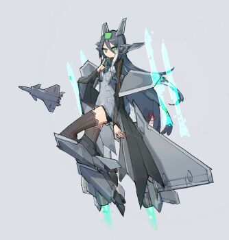 Rule 34 | absurdres, afterburner, breasts, canards, dress, frider, gown, green eyes, grey background, grey hair, headgear, highres, j-20 (personification), mecha musume, original, personification, small breasts, tagme, thighhighs, vehicle and personification