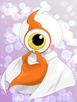 Rule 34 | 1girl, absurdres, blush stickers, bubble background, capelet, colored skin, commentary, ghost, ghost girl, ghost tail, grin, harumamai, highres, horns, kamen rider, kamen rider ghost (series), looking at viewer, no humans, one-eyed, orange skin, sharp teeth, single horn, smile, solo, teeth, white capelet, yellow eyes, yurusen