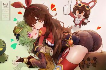 2girls absurdres amber_(genshin_impact) ass baron_bunny_(genshin_impact) blush breast_press breasts bridal_gauntlets brown_eyes brown_hair brown_shorts brown_thighhighs collei_(genshin_impact) crossed_bangs cuilein-anbar_(genshin_impact) detached_sleeves genshin_impact gradient_background green_hair hairband heart highres hug long_hair looking_at_viewer lying medium_breasts minamo_(edosei_edo) multiple_girls on_back one_eye_closed open_mouth purple_eyes red_hairband red_ribbon red_thighhighs ribbon short_shorts shorts shrug_(clothing) smile thighhighs vision_(genshin_impact) yuri