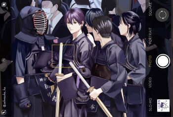 Rule 34 | 6+boys, armor, black hair, blue gloves, blue hair, blue shirt, bougu, closed mouth, commentary request, dou, english text, faceless, fake phone screenshot, fake screenshot, faulds, gloves, green eyes, hair between eyes, highres, holding, holding sword, holding weapon, japanese armor, kendo, kendo mask, kenmochi touya, long sleeves, looking at viewer, male focus, multiple boys, nijisanji, ochazuke ha, people, purple gloves, purple hair, purple shirt, shinai, shirt, short hair, sword, tagame kenmochi, twitter username, unworn gloves, virtual youtuber, weapon