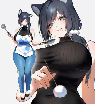 1girl apron bare_shoulders black_hair black_sweater blue_eyes blue_pants blush breasts covered_navel frying_pan full_moon grin high_heels highres large_breasts long_hair looking_at_viewer mimikaki moon multiple_views original pants sleeveless sleeveless_sweater smile spatula sweater tofuubear white_apron wide_hips