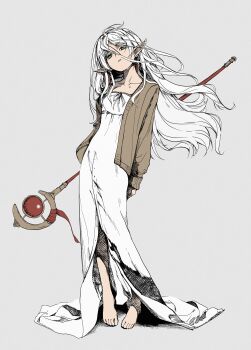 Rule 34 | 1girl, absurdres, alternate costume, alternate hairstyle, barefoot, brown jacket, chinese commentary, commentary request, dress, elf, emio, empty eyes, expressionless, frieren, full body, green eyes, grey background, hair down, highres, holding, holding staff, jacket, long dress, long hair, long sleeves, looking at viewer, parted lips, pointy ears, simple background, solo, sousou no frieren, staff, standing, white dress, white hair