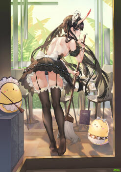 >_< 1girl apron atdan azur_lane back backless_dress backless_outfit black_dress black_hair black_thighhighs blunt_bangs blush_stickers bow bracelet breasts chair closed_eyes day detached_collar detached_sleeves dress feet frilled_dress frills full_body garter_straps heart highres holding horns indoors jewelry long_hair maid maid_headdress manjuu_(azur_lane) medium_breasts menu mixed-language_commentary mop no_shoes noshiro_(azur_lane) noshiro_(hold_the_ice)_(azur_lane) official_alternate_costume panties pantyshot puffy_short_sleeves puffy_sleeves restaurant short_sleeves sideboob skin-covered_horns small_breasts soles solo_focus table thighhighs underwear very_long_hair waist_apron white_apron white_bow