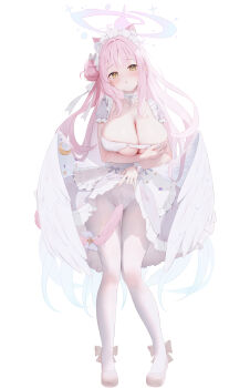 1girl absurdres alternate_costume animal_ears blue_archive blush breasts cat_ears cleavage clothes_lift commentary_request covering_breasts covering_privates enmaided feathered_wings fingernails frilled_hairband frills full_body hair_bun hairband halo highres kemonomimi_mode large_breasts long_hair looking_at_viewer low_wings maid maid_headdress mika_(blue_archive) panties panties_over_pantyhose pantyhose parted_lips pink_hair pink_halo saki_(saki_paint) shoes simple_background single_side_bun skirt skirt_lift solo standing torn_clothes underwear very_long_hair white_background white_hairband white_panties white_pantyhose white_shoes white_skirt white_wings wings yellow_eyes