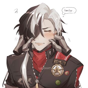 1boy 1other absurdres artist_name badge black_hair black_jacket blush boothill_(honkai:_star_rail) cheek_pinching cheek_pull closed_eyes commentary cropped_jacket crossed_bangs ear_piercing english_commentary english_text hair_between_eyes hair_over_one_eye highres honkai:_star_rail honkai_(series) jacket long_hair luciidkatt male_focus mole mole_under_eye multicolored_hair one_eye_covered parted_bangs parted_lips piercing pinching sharp_teeth sheriff_badge simple_background solo_focus speech_bubble streaked_hair teeth thought_bubble upper_body v-shaped_eyebrows white_background white_hair zipper zipper_pull_tab