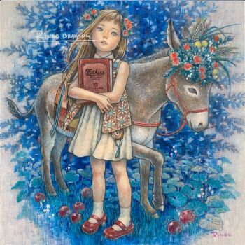1girl apple blonde_hair book child commentary_request donkey dress flower food fruit full_body hair_flower hair_ornament highres holding holding_book long_hair looking_up mary_janes oil_painting_(medium) original painting_(medium) parted_lips ringodrawing shoes solo traditional_media vest white_dress