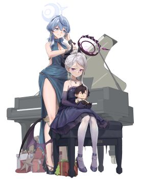 1boy 2girls absurdres ako_(blue_archive) ako_(dress)_(blue_archive) black_halo blue_archive blue_dress blue_eyes blue_hair box breasts christmas demon_girl demon_horns demon_wings dress elbow_gloves full_body gift gift_box gloves grand_piano halo highres hina_(blue_archive) hina_(dress)_(blue_archive) horns instrument long_hair low_wings medium_hair mjy multiple_girls piano purple_dress purple_eyes purple_gloves sensei_(blue_archive) sitting small_breasts standing white_hair wings
