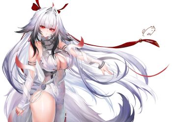 1girl alternate_breast_size_(larger) alternate_form animal_ear_fluff animal_ears armlet bare_shoulders black_hair bracelet breasts china_dress chinese_clothes cleavage commentary_request cowboy_shot dress droopy_ears gradient_hair hairband highres jewelry large_breasts leg_tattoo long_hair looking_at_viewer metal_bracelet multicolored_hair obiwan parted_lips red_eyes red_hair see-through_horns silver_armlet silver_bracelet simple_background solo tail tattoo very_long_hair weisuoxin white_background white_dress white_hair white_hairband ye_shunguang zenless_zone_zero