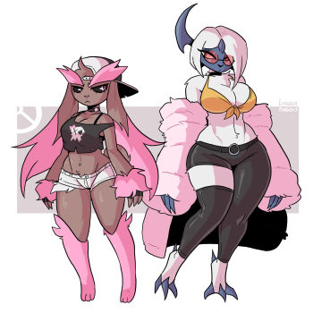 2022 absol absurdres baseball_cap bikini_top breasts cleavage coat crop_top fur fur_coat furry gen_3_pokemon gen_4_pokemon glasses hat highres leather leather_pants log_dog lopunny nintendo pants personification pink_hair pokemon pokemon_(creature) punk rabbit red_glasses short_shorts shorts sunglasses thick_thighs thighs tight_clothes tight_pants wide_hips