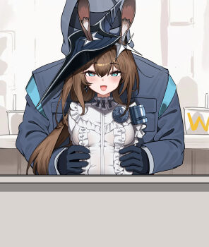 1boy 1girl absurdres amiya_(arknights) animal_ears arknights black_gloves black_hat black_jacket blue_eyes blush breasts chinese_commentary commentary dishui_tangni doctor_(arknights) earrings ears_through_headwear frills girl_on_top gloves hair_between_eyes hat highres hood hood_up hooded_jacket jacket jewelry long_sleeves male_doctor_(arknights) medium_breasts open_mouth shirt white_shirt