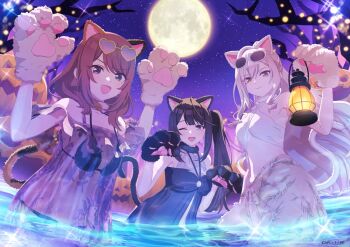 3girls animal_costume animal_ears animal_hands aoi_noa armpits bare_shoulders bikini black_bikini black_hair brown_hair cat_costume cat_ears cat_girl cat_paws closed_mouth commentary_request copyright_notice curly_hair eyewear_on_head full_moon hair_between_eyes halloween halloween_costume lantern long_hair looking_at_viewer midriff mikoshiro_yukari moon multiple_girls murafuji_sana navel night night_sky official_alternate_costume official_art one_eye_closed open_mouth paw_pose pole_princess!! ponytail reflection reflective_liquid second-party_source side_ponytail sky sparkle standing swimsuit upper_body white_hair