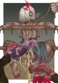 1girl 1other absurdres animal_penis bdsm blush bondage bound breasts commentary cum cum_in_ass cum_in_pussy cumdump dark-skinned_female dark_skin drooling ebonyxh english_commentary erection female_pubic_hair freckles from_behind highres holding holding_rope horse_penis mouth_drool nipples nude open_mouth original penis pointy_breasts precum pubic_hair restrained ringed_eyes rolling_eyes rope rope_around_neck scar scar_on_neck short_hair simple_background small_breasts eylin_eyla_(ebonyxh) steaming_body sweat uncensored veins veiny_penis very_sweaty whip_marks white_hair white_pubic_hair yellow_eyes