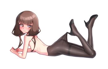 1girl ass black_pantyhose black_shoes blunt_bangs blush breasts brown_eyes brown_hair full_body high_heels highres hooked_on_heel iino_miko kaguya-sama_wa_kokurasetai_~tensai-tachi_no_renai_zunousen~ lace_pantyhose_hooked_on_heel_(meme) long_hair looking_at_viewer low_twintails lying meme moriforests nipples on_stomach pantyhose shoes simple_background small_breasts solo topless_female twintails white_background