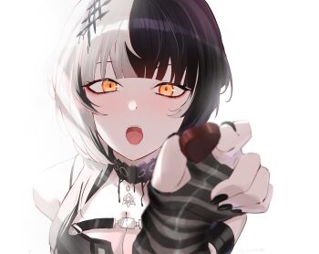 1girl absurdres black_arm_warmers black_choker black_hair black_nails breasts candy chocolate chocolate_heart choker cleavage commentary food grey_hair hair_ornament heart heart-shaped_food highres holding holding_chocolate holding_food hololive hololive_english incoming_food kurochanai large_breasts long_hair looking_at_viewer multicolored_hair nail_polish open_mouth shiori_novella simple_background solo split-color_hair striped_arm_warmers two-tone_hair virtual_youtuber white_background yellow_eyes