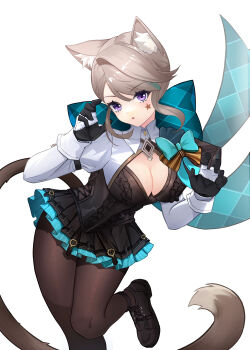 1girl absurdres animal_ears black_gloves black_leotard black_pantyhose black_shoes bow breasts cat_ears cleavage commentary_request expressionless facial_mark foot_out_of_frame genshin_impact gloves grey_hair hair_bow highres leotard lml long_hair long_sleeves looking_at_viewer lynette_(genshin_impact) pantyhose purple_eyes shoes simple_background solo star_(symbol) star_facial_mark two-tone_gloves white_background white_gloves