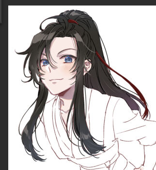 Rule 34 | 1boy, ahoge, androgynous, bishounen, black border, black hair, blue eyes, blush, border, chinese clothes, closed mouth, collarbone, commentary request, eyelashes, hair behind ear, hair ribbon, hanfu, high ponytail, highres, kabe bo, leaning forward, long hair, looking at viewer, male focus, modao zushi, parted bangs, partially colored, ponytail, red ribbon, ribbon, sash, sidelocks, simple background, sketch, sleeves rolled up, smile, solo, upper body, wei wuxian, white background