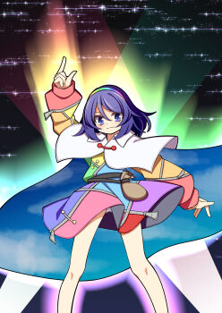 1girl absurdres arm_up bag blue_eyes blue_hair cape closed_mouth feet_out_of_frame hair_between_eyes hairband hekkmushi highres index_finger_raised long_sleeves looking_at_viewer multicolored_hairband patchwork_clothes short_hair sky_print solo star_(sky) tenkyuu_chimata touhou white_cape zipper