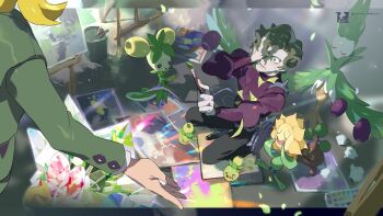 2boys arboliva black_pants bonsly brassius_(pokemon) bucket canvas_(object) covering_one_eye dolliv e_volution gen_2_pokemon gen_4_pokemon green_hair hassel_(pokemon) holding holding_paintbrush jacket long_sleeves male_focus multiple_boys nintendo open_mouth paintbrush painting_(object) pants pokemon pokemon_(creature) pokemon_sv purple_jacket shoes short_hair smoliv squatting sunflora sweatdrop watermark whip