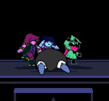 1girl 1other 2boys abbacchio_joins_the_kicking_(meme) animated animated_gif armlet armor black_background black_boots black_cape black_jacket blue_boots blue_hair blue_skin boots cape colored_skin commentary deltarune english_commentary fat fat_man glasses gloves green-framed_eyewear green_robe hair_over_eyes hat jacket jewelry jojo_no_kimyou_na_bouken kicking king_(deltarune) kris_(deltarune) looping_animation medium_hair meme multiple_boys open_clothes open_jacket outdoors pants pink_scarf pink_skin pixel_art purple_hair purple_pants ralsei ralsei_(hat) robe rooftop scarf shaded_face shadowaod short_hair short_sleeves shoulder_armor size_difference spiked_armlet spiked_wristband susie_(deltarune) utdr_(toby_fox) vento_aureo white_gloves wizard_hat