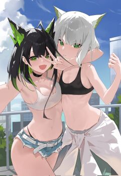 2girls :d ahoge animal_ear_fluff animal_ears arknights arm_around_shoulder bare_arms belt black_choker black_hair black_panties black_sports_bra blue_sky blush breasts cat_ears cat_girl choker cleavage closed_mouth clothes_around_waist cloud collarbone colored_inner_hair commentary corrupted_twitter_file cowboy_shot crystal_horns cutoffs day denim denim_shorts fang green_eyes green_hair green_pants hand_up highleg highleg_panties highres huge_ahoge jacket jacket_around_waist kal&#039;tsit_(arknights) looking_at_viewer medium_breasts medium_hair micro_shorts mon3tr_(arknights) multicolored_hair multiple_girls navel open_mouth outdoors panties pants railing reaching reaching_towards_viewer selfie short_hair shorts sidelocks skin_fang sky small_breasts smile sports_bra standing stomach streaked_hair symbol-only_commentary thighs tree underwear v white_belt white_hair white_jacket white_sports_bra yorei_8338