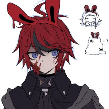 Rule 34 | 2boys, :d, ?, ^ ^, ahoge, animal ear hairband, animal ears, aotsuki eito, black cape, black jacket, black streaks, blood, blood on face, cape, chibi, chibi inset, chinese commentary, closed eyes, commentary request, expressionless, eyeliner, fake animal ears, gesshoku3, glasses, hairband, hatching (texture), head only, highres, jacket, last defense academy school uniform, linear hatching, looking at viewer, makeup, male focus, monster, multicolored hair, multiple boys, official alternate eye color, open mouth, partially colored, rabbit ears, red eyeliner, red hair, school uniform, semi-rimless eyewear, short hair, smile, spoilers, streaked hair, sumino takumi, teeth, the hundred line -last defense academy-, two-tone hair, upper teeth only, white background