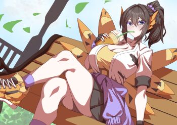 1girl absurdres alternate_color breasts brown_hair casual chair cleavage clothes_around_waist crossed_legs cup drink gen_5_pokemon grey_eyes hair_intakes highres holding holding_cup large_breasts long_hair looking_at_viewer nintendo personification pokemon scrunchie shiny_pokemon shoes sitting skirt sneakers solo sweater sweater_around_waist tsurime volcarona wings yokomiya4538