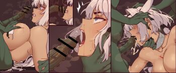 1girl 2boys absurdres angry blue_eyes blush caenis_(fate) cave clenched_teeth collar commentary dark-skinned_female dark_skin defeat english_commentary erection fate/grand_order fate_(series) fellatio furry gangbang goblin group_sex highres indoors interspecies low_ponytail monster multiple_boys oral penis ponytail rape ryona sex short_hair tattoo tears teeth todding tomboy white_hair