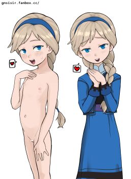 1girl absurdres aged_down black_shirt blazer blonde_hair blue_blazer blue_hairband blue_skirt blush braid braided_ponytail collarbone completely_nude elsa_(frozen) embarrassed eyebrows feet_out_of_frame female_focus flat_chest frozen_(disney) gnsisir hairband hand_on_own_chest hand_on_own_thigh hands_up highres jacket loli long_hair long_skirt long_sleeves looking_at_viewer low_ponytail multiple_views naughty_face navel nervous nervous_sweating nipples nude open_clothes open_jacket open_mouth own_hands_together ponytail shirt simple_background skirt standing sweat teeth upper_teeth_only white_background