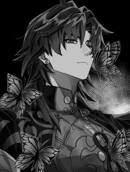 Rule 34 | 1boy, absurdres, animal, blade (honkai: star rail), bug, butterfly, closed mouth, commentary request, earrings, frown, greyscale, highres, honkai: star rail, honkai (series), insect, jewelry, long hair, looking at viewer, looking to the side, male focus, mandarin collar, monochrome, monyo ex, parted hair, piercing, shirt, solo, stud earrings, upper body