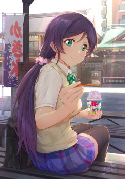 1girl aqua_eyes architecture bag banner bench black_thighhighs bow bowtie breasts closed_mouth collared_shirt dated drinking_straw east_asian_architecture female_focus food green_bow green_bowtie green_eyes hair_ornament hair_scrunchie highres holding holding_drinking_straw holding_spoon incoming_food kanda_shrine large_breasts long_hair looking_at_viewer looking_back love_live! love_live!_school_idol_project low_twintails miniskirt nobori on_bench otonokizaka_school_uniform outdoors parted_bangs pink_scrunchie plaid_clothes plaid_skirt purple_hair school_bag school_uniform scrunchie shamakho shaved_ice shirt short_sleeves shrine sidelocks signature sitting skirt smile solo spoon striped_bow striped_bowtie striped_clothes summer_uniform sweater_vest thighhighs tojo_nozomi twintails vest white_shirt yellow_vest