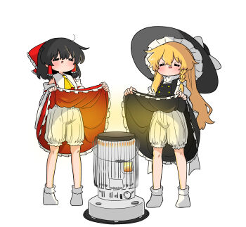 2girls apron ascot black_hair black_skirt blonde_hair bloomers blush bow braid closed_eyes commentary_request detached_sleeves frilled_bow frilled_hair_tubes frilled_skirt frills hair_bow hair_tubes hakurei_reimu hat hat_bow heater highres kirisame_marisa kumanou22 long_hair multiple_girls open_mouth red_bow red_skirt ribbon-trimmed_sleeves ribbon_trim side_braid simple_background single_braid skirt skirt_set smile socks touhou underwear very_long_hair white_background white_bloomers white_bow white_socks witch_hat yellow_ascot