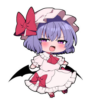 1girl :3 :d absurdres anger_vein angry bow closed_eyes commentary_request crying dress fang hat hat_bow highres mob_cap open_mouth pink_dress pink_eyes pink_hat purple_hair red_bow remilia_scarlet sad simple_background smile solo touhou white_background you_(noanoamoemoe)
