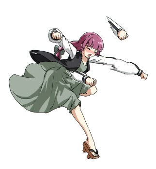 1girl afterimage black_jacket blazblue blush bocchi_the_rock! clenched_hands closed_eyes dress fighting_game full_body geta green_dress hiroi_kikuri jacket kokonoe_(blazblue) long_hair punching purple_hair simple_background solo torako_(toramaru) white_background