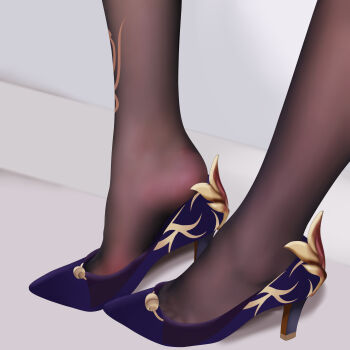 Rule 34 | 1girl, absurdres, black pantyhose, blue footwear, close-up, feet, foot focus, genshin impact, high heels, highres, keqing (genshin impact), legs, lower body, no shoes, pantyhose, pumps, purple footwear, shadow, shoes, soles, solo, stiletto heels, sym., toes