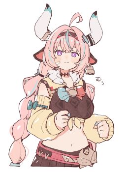 1girl ahoge animal_ears braid clenched_hands cow_ears cow_horns ear_bell genshin_impact hairband highres horns long_hair midriff nanase_(nanataroo_7) navel pink_hair pleated_skirt purple_eyes skirt twin_braids varesa_(genshin_impact) white_background