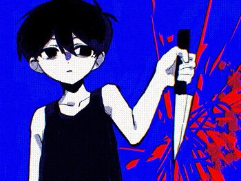 1boy antenna_hair black_eyes black_hair black_tank_top blue_background closed_mouth colored_skin double-parted_bangs highres holding holding_knife knife looking_at_viewer male_focus omori omori_(omori) short_hair simple_background solo tank_top tokkooyaku upper_body white_skin