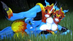 1boy 1girl 3d animated belt breasts claws digimon digimon_(creature) fladramon furry furry_female furry_male grass horns nipples on_ground outdoors sex smoaer sound vaginal video