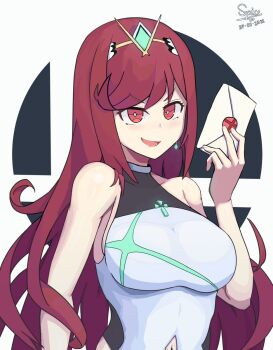 1girl alternate_color alternate_costume alternate_hair_length alternate_hairstyle breasts chest_jewel competition_swimsuit earrings gem headpiece jewelry jkspice large_breasts long_hair looking_at_viewer mythra_(xenoblade) nintendo one-piece_swimsuit pyra_(pro_swimmer)_(xenoblade) pyra_(xenoblade) red_hair simple_background smash_invitation smile solo super_smash_bros. swept_bangs swimsuit tiara very_long_hair xenoblade_chronicles_(series) xenoblade_chronicles_2