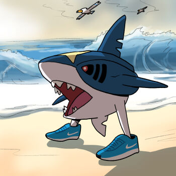 ai-generated_art_(topic) beach blue_shoes gen_3_pokemon highres horizon italian_brainrot_ai_animals_(meme) meme nike_(company) nintendo no_humans nutkingcall ocean open_mouth outdoors pokemon pokemon_(creature) red_eyes sharp_teeth sharpedo shoes sneakers standing teeth tralalero_tralala walking waves wingull